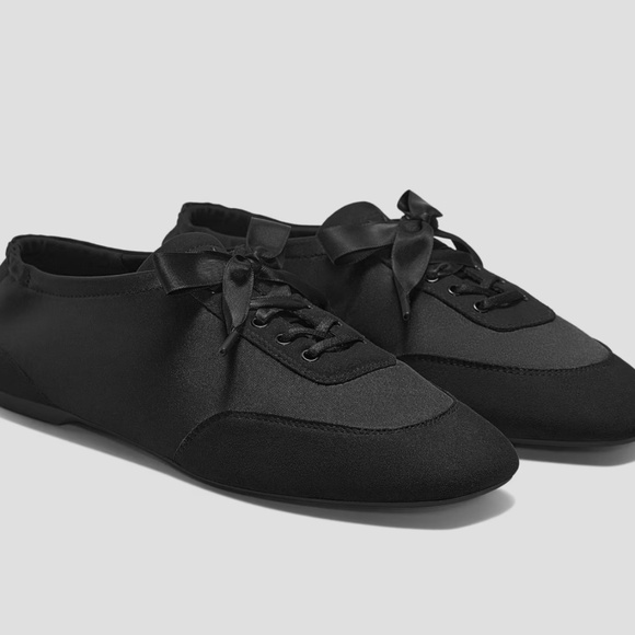 Vivaia Shoes - Vivaia Square-Toe Lace-Up Satin Sneakerina, Black - ballet flat. New